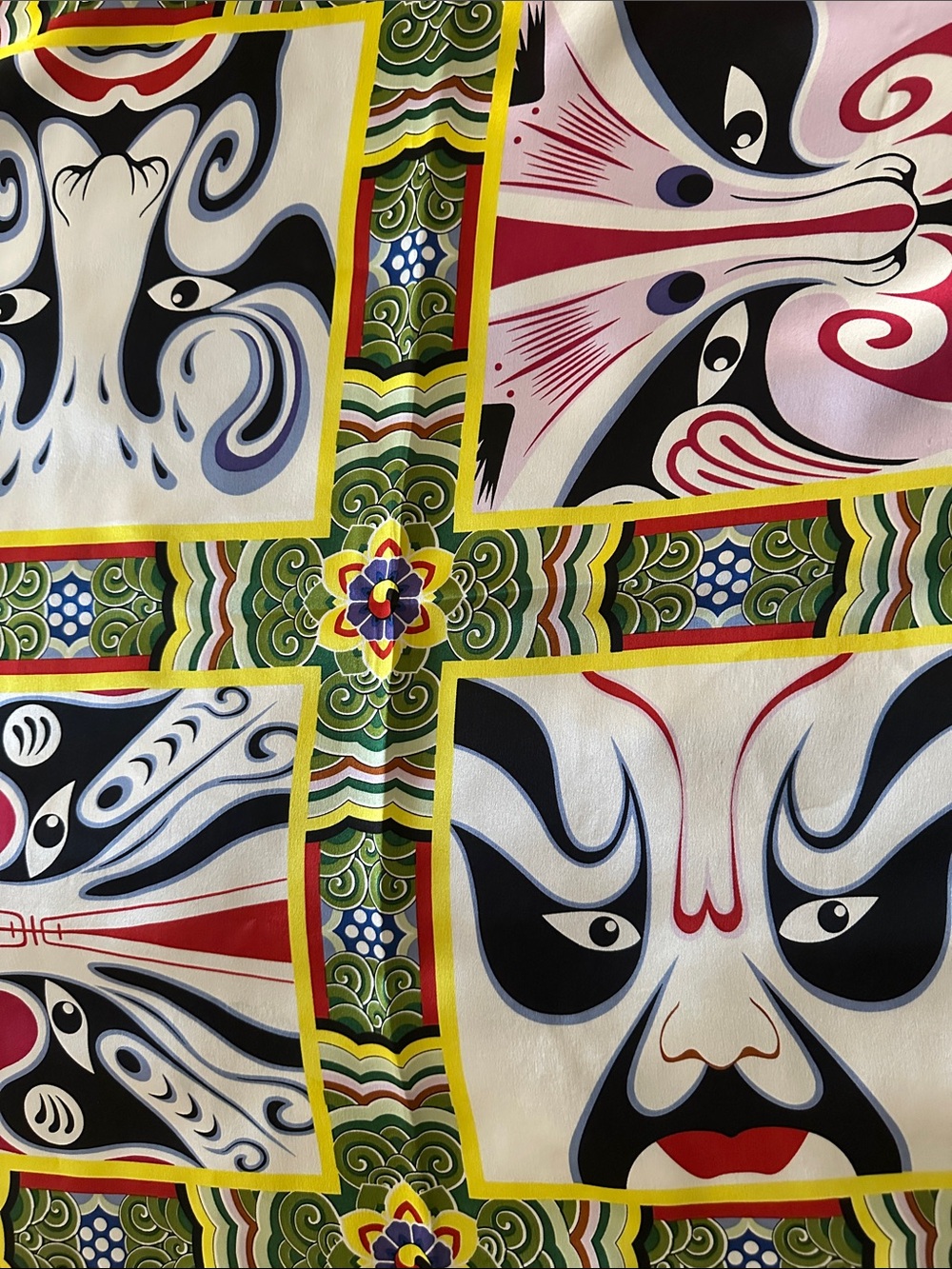 Vibrant Opera Mask Silk Scarf with Bold Graphic Panels